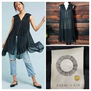 Anthropologie Akemi + Kin Tunic Top Size M Black Sheer Ruffle Pin Tuck Flowy